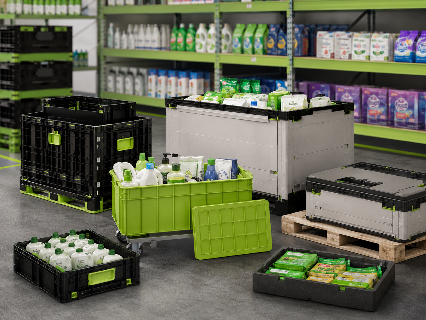 FMCG reusable crates and containers in retail-style environment